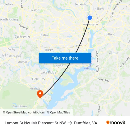 Lamont St Nw+Mt Pleasant St NW to Dumfries, VA map
