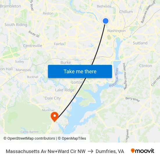 Massachusetts Av Nw+Ward Cir NW to Dumfries, VA map