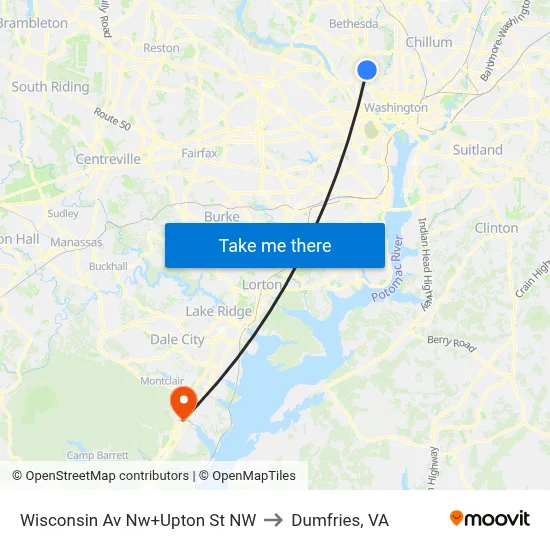 Wisconsin Av Nw+Upton St NW to Dumfries, VA map