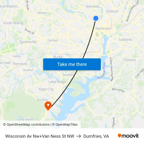 Wisconsin Av Nw+Van Ness St NW to Dumfries, VA map