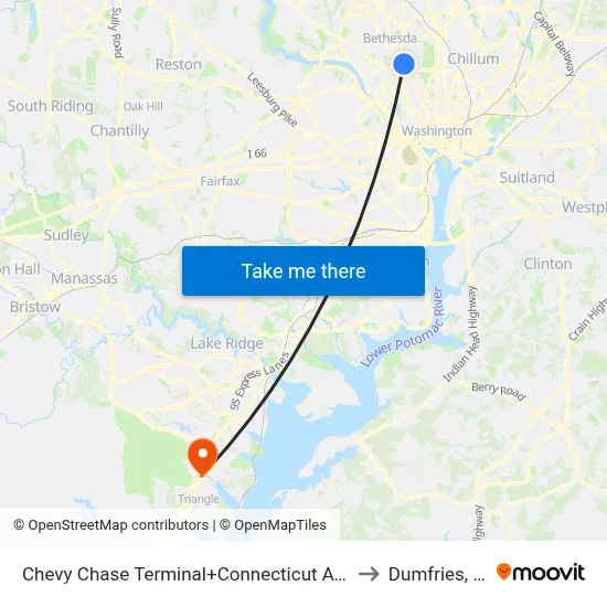 Chevy Chase Terminal+Connecticut Av NW to Dumfries, VA map
