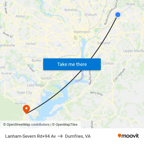 Lanham-Severn Rd+94 Av to Dumfries, VA map