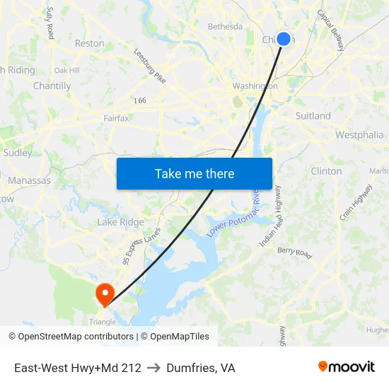 East-West Hwy+Md 212 to Dumfries, VA map