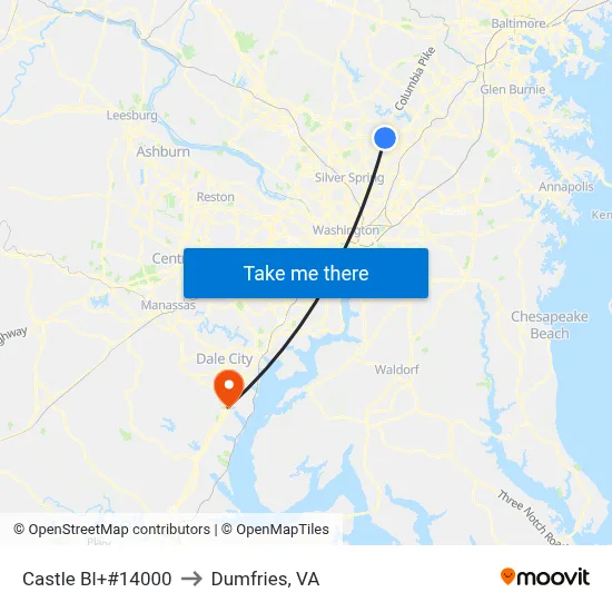 Castle Bl+#14000 to Dumfries, VA map