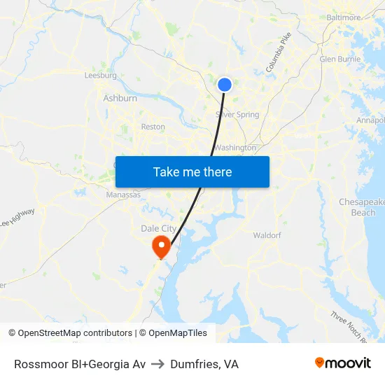 Rossmoor Bl+Georgia Av to Dumfries, VA map