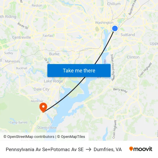 Pennsylvania Av Se+Potomac Av SE to Dumfries, VA map