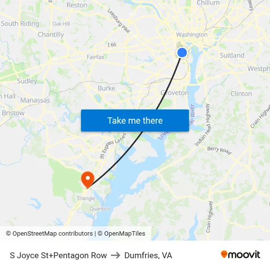 S Joyce St+Pentagon Row to Dumfries, VA map