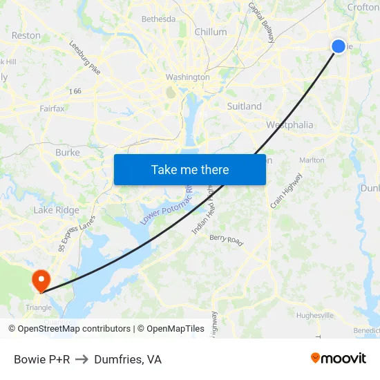 Bowie P+R to Dumfries, VA map