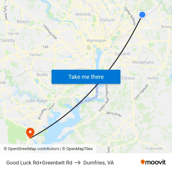 Good Luck Rd+Greenbelt Rd to Dumfries, VA map