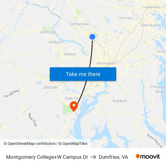 Montgomery College+W Campus Dr to Dumfries, VA map