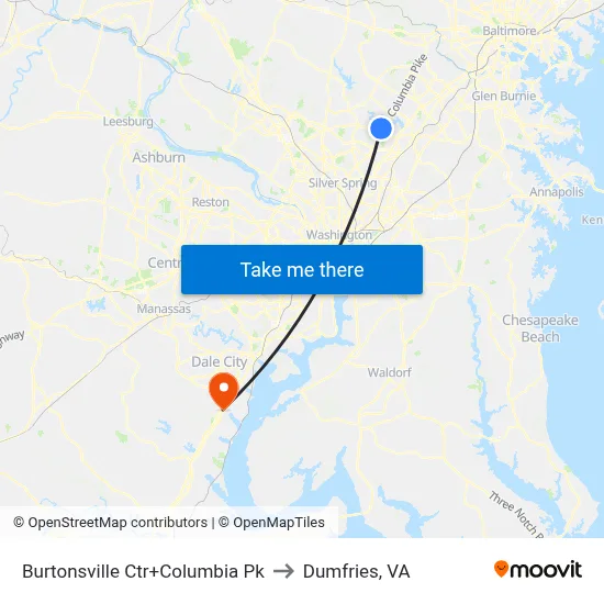 Burtonsville Ctr+Columbia Pk to Dumfries, VA map