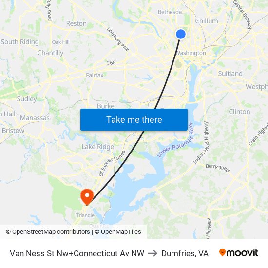 Van Ness St Nw+Connecticut Av NW to Dumfries, VA map