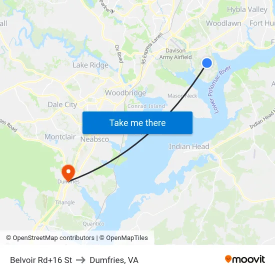 Belvoir Rd+16 St to Dumfries, VA map