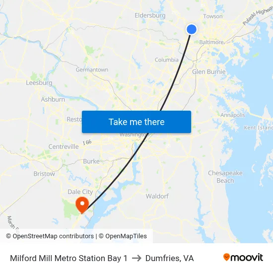 Milford Mill Metro Station Bay 1 to Dumfries, VA map