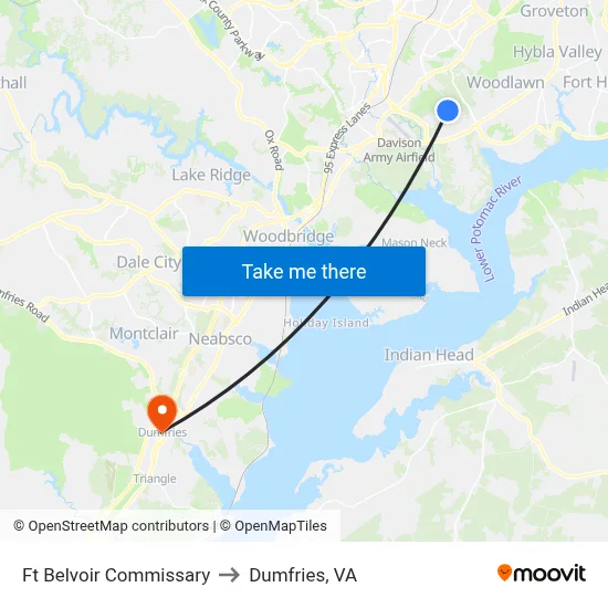 Ft Belvoir Commissary to Dumfries, VA map