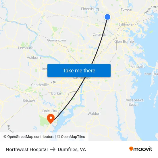 Northwest Hospital to Dumfries, VA map