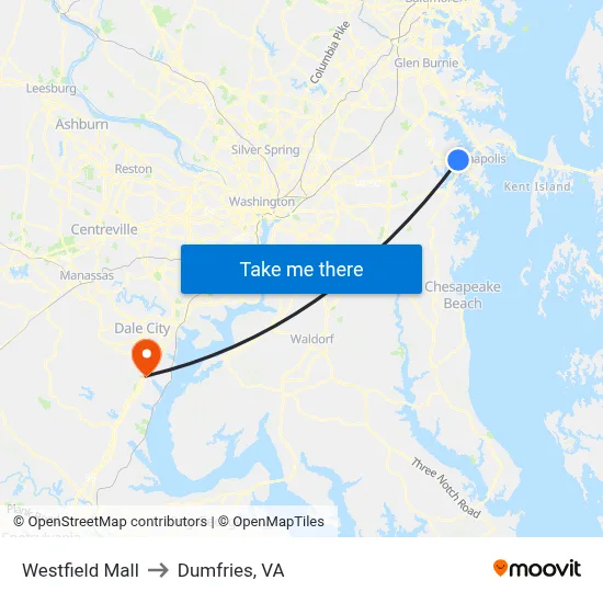 Westfield Mall to Dumfries, VA map