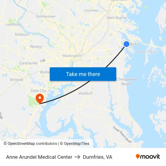 Anne Arundel Medical Center to Dumfries, VA map