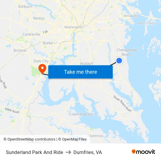 Sunderland Park And Ride to Dumfries, VA map