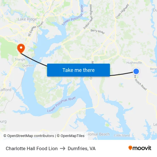 Charlotte Hall Food Lion to Dumfries, VA map