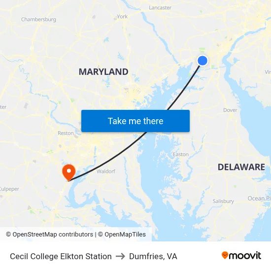 Cecil College - Elkton Station to Dumfries, VA map