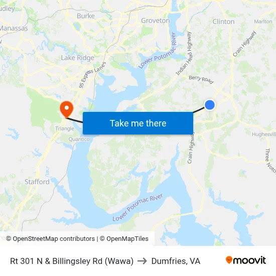 Rt 301 N & Billingsley Rd (Wawa) to Dumfries, VA map