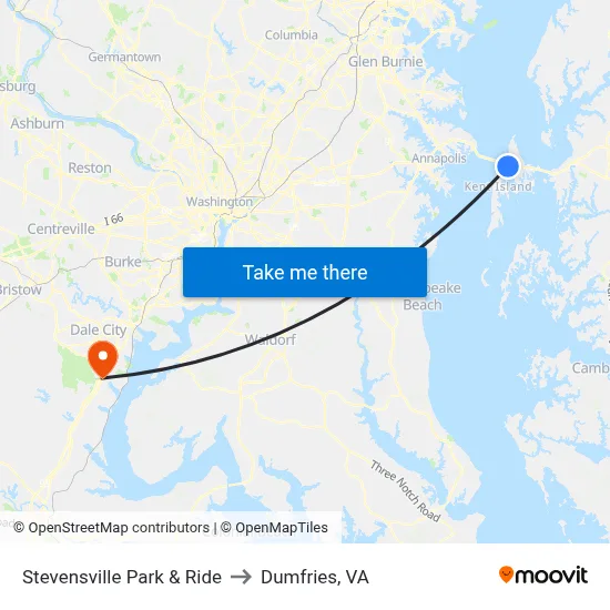 Stevensville Park & Ride to Dumfries, VA map
