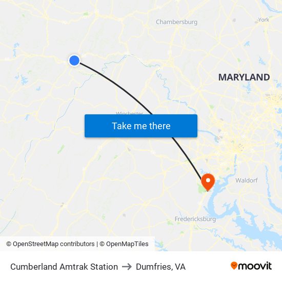 Cumberland Amtrak Station to Dumfries, VA map