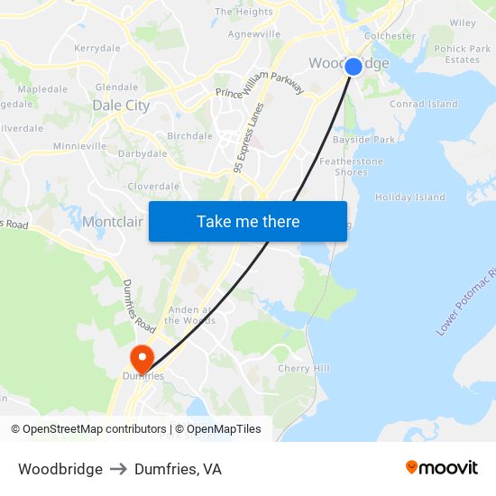 Woodbridge to Dumfries, VA map