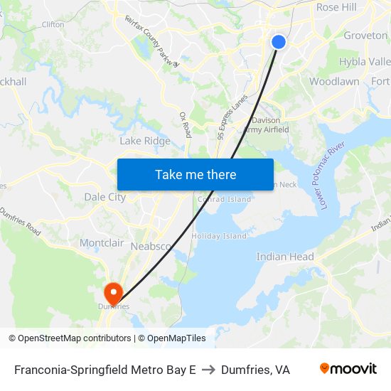 Franconia-Springfield Metro Bay E to Dumfries, VA map