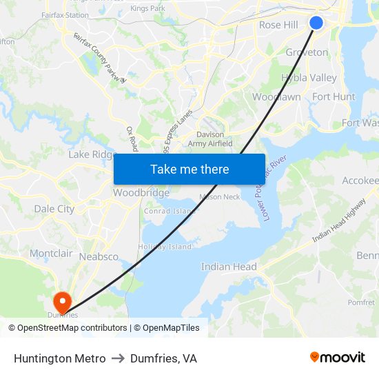 Huntington Metro to Dumfries, VA map