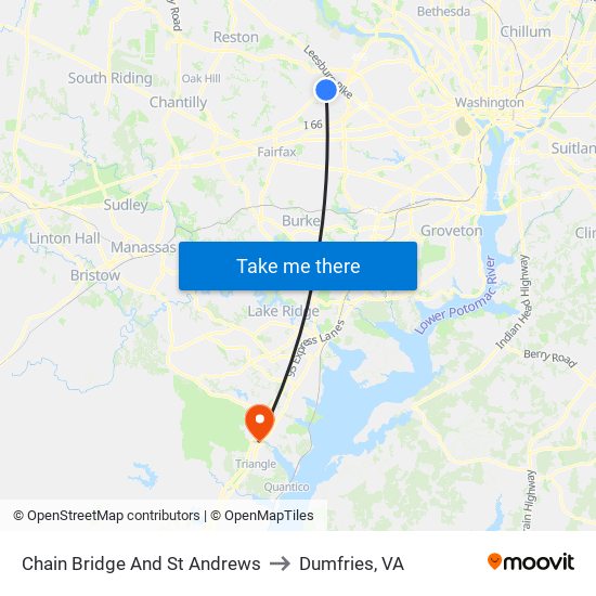 Chain Bridge And St Andrews to Dumfries, VA map