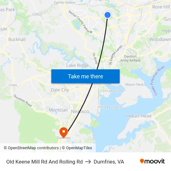 Old Keene Mill Rd And Rolling Rd to Dumfries, VA map