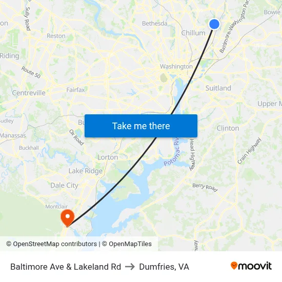 Baltimore Ave & Lakeland Rd to Dumfries, VA map