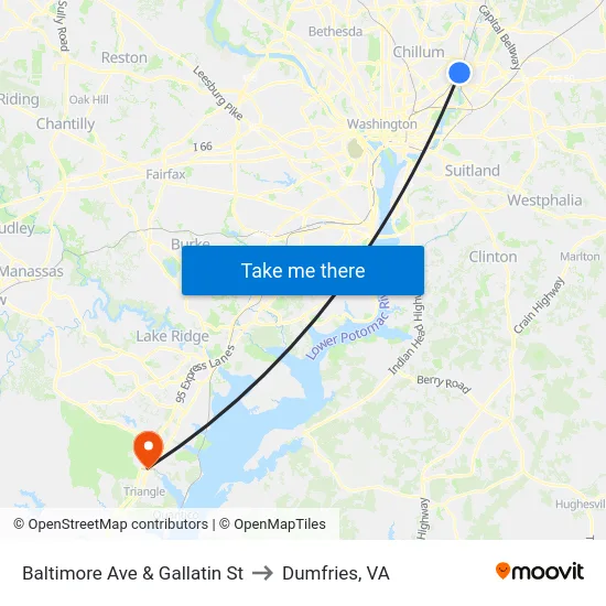 Baltimore Ave & Gallatin St to Dumfries, VA map