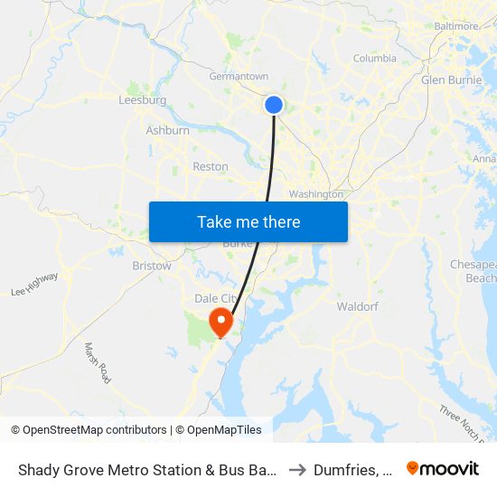 Shady Grove Metro Station & Bus Bay C to Dumfries, VA map