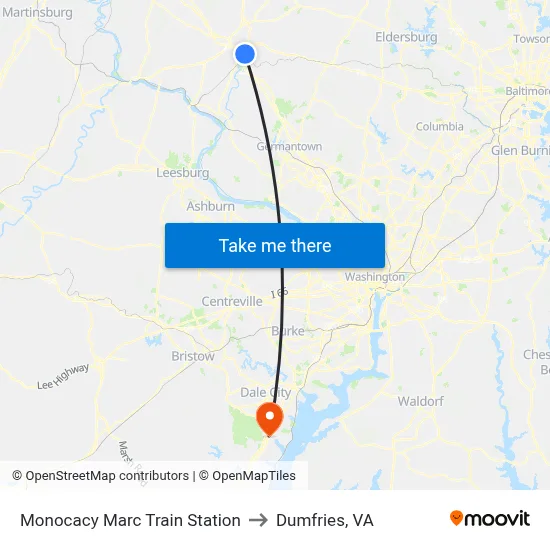 Monocacy Marc Train Station to Dumfries, VA map