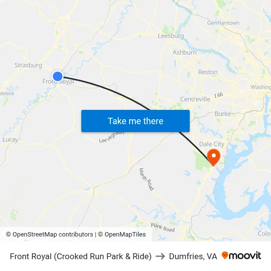 Front Royal (Crooked Run Park & Ride) to Dumfries, VA map