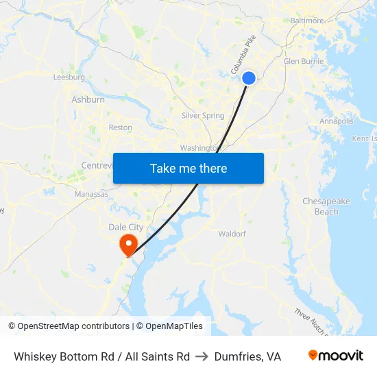 Whiskey Bottom Rd / All Saints Rd to Dumfries, VA map
