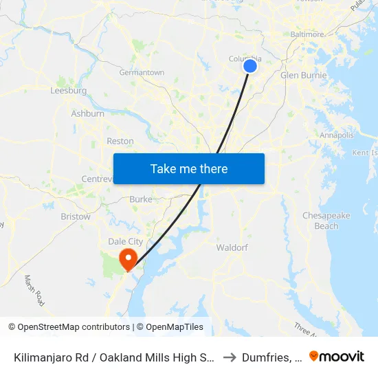 Kilimanjaro Rd / Oakland Mills High School to Dumfries, VA map