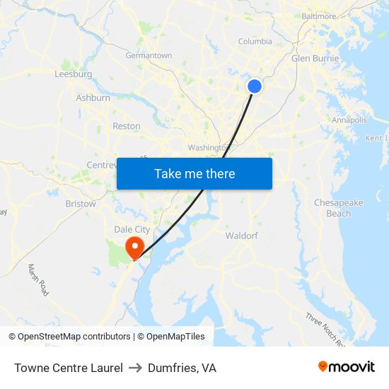 Towne Centre Laurel to Dumfries, VA map