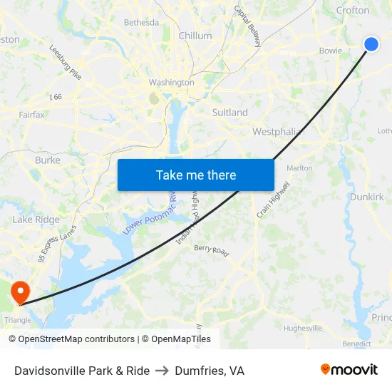 Davidsonville Park & Ride to Dumfries, VA map