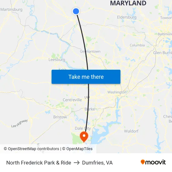 North Frederick Park & Ride to Dumfries, VA map