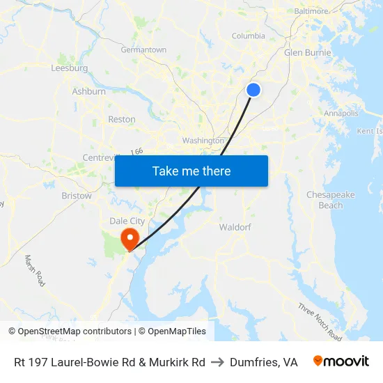 Rt 197 Laurel-Bowie Rd & Murkirk Rd to Dumfries, VA map