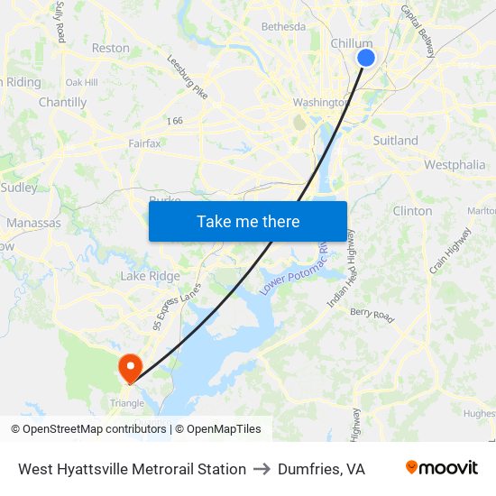 West Hyattsville Metrorail Station to Dumfries, VA map