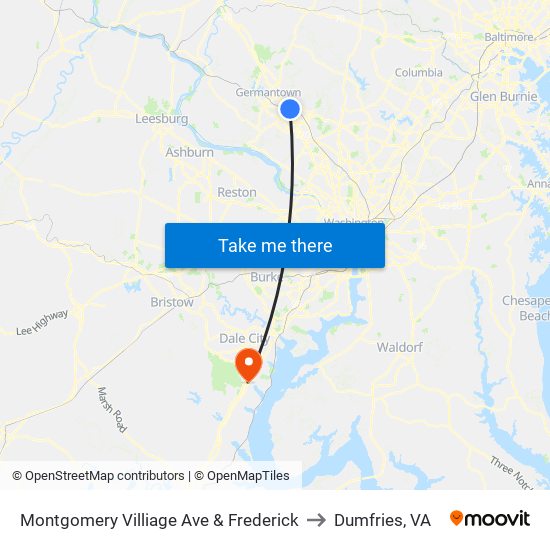 Montgomery Villiage Ave & Frederick to Dumfries, VA map