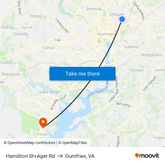 Hamiliton St+Ager Rd to Dumfries, VA map