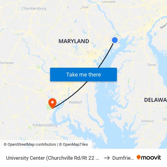 University Center (Churchville Rd/Rt 22 & Technology Dr) to Dumfries, VA map