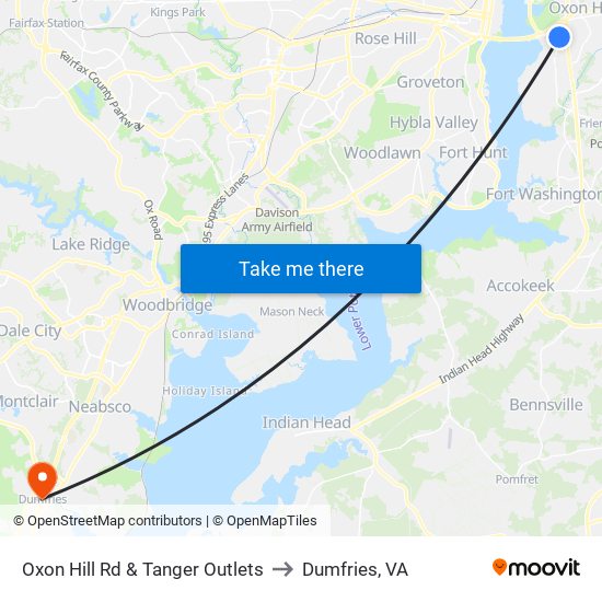 Oxon Hill Rd & Tanger Outlets to Dumfries, VA map