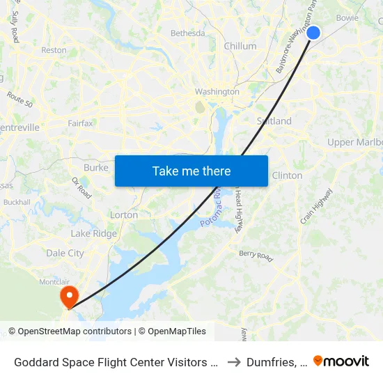 Goddard Space Flight Center Visitors Center to Dumfries, VA map